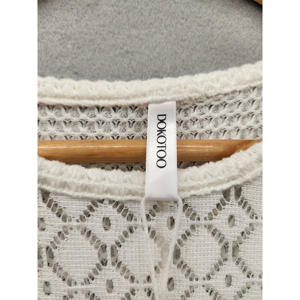 Dokotoo White Crochet Lace Waffle Knit Top Medium Short Sleeve Boho Blouse New - Picture 2 of 11